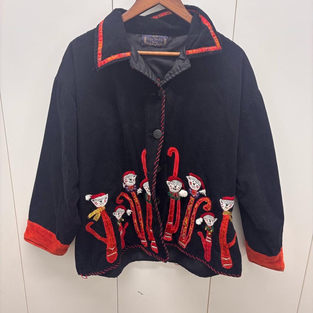 Lifestyle Vintage Christmas Jacket Black Corduroy Embroidered Cats Womens Plus